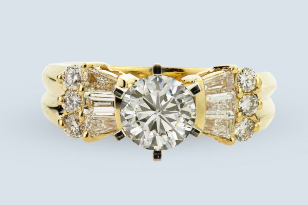 14kt Yellow Gold Six Prong Engagement Ring with Baguettes